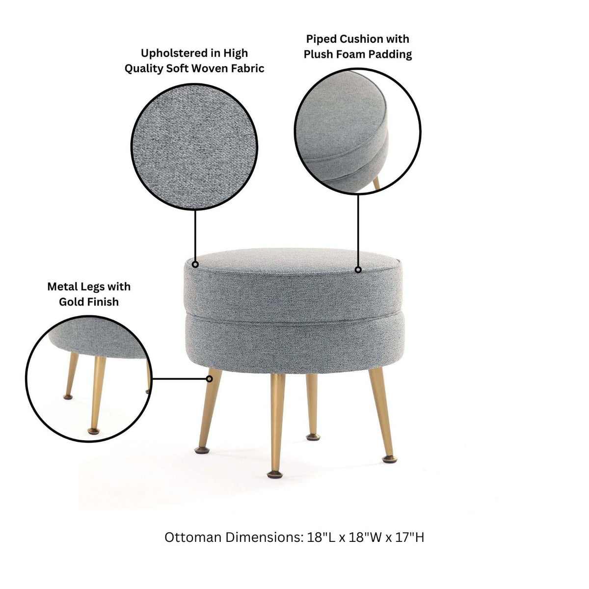 Bailey Upholstered Accent Ottoman by HouseOfZazla in grey woven fabric with gold metal legs on Tampa Home & Garden Store