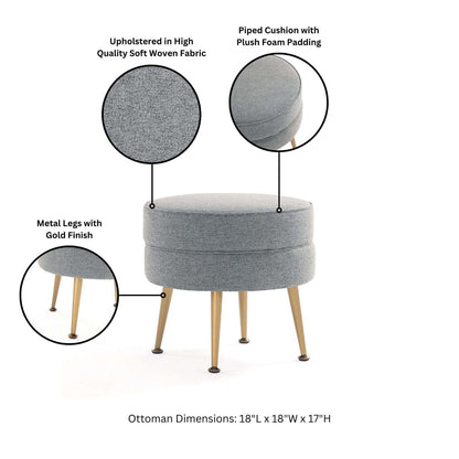 Bailey Upholstered Accent Ottoman by HouseOfZazla in grey woven fabric with gold metal legs on Tampa Home & Garden Store