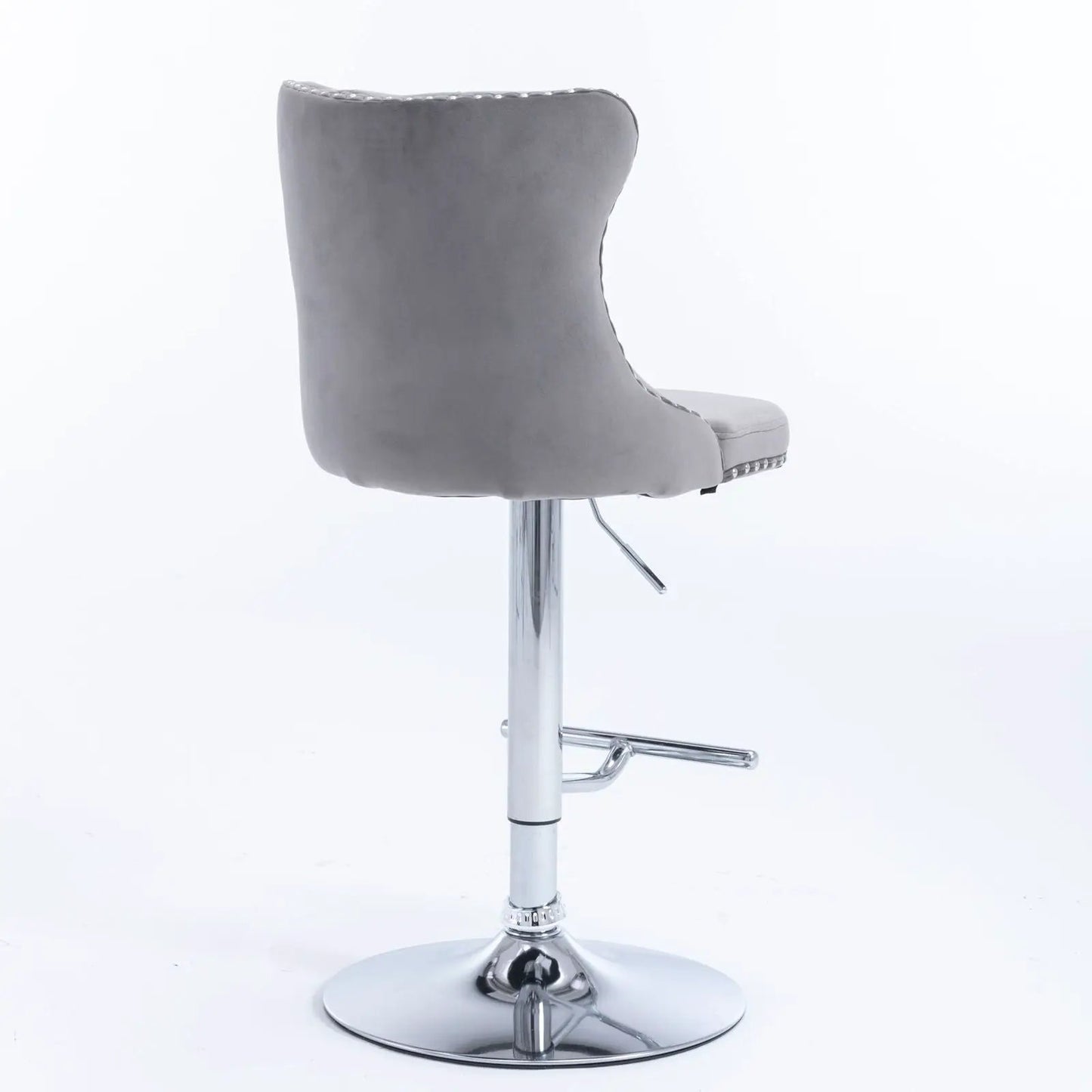 Grey tufted swivel bar stool with chrome pedestal base, adjustable height 25–33 in on Tampa Home & Garden Store