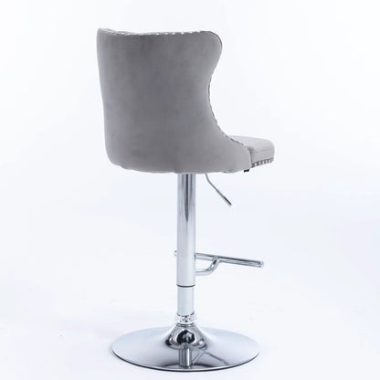 Grey tufted swivel bar stool with chrome pedestal base, adjustable height 25–33 in on Tampa Home & Garden Store