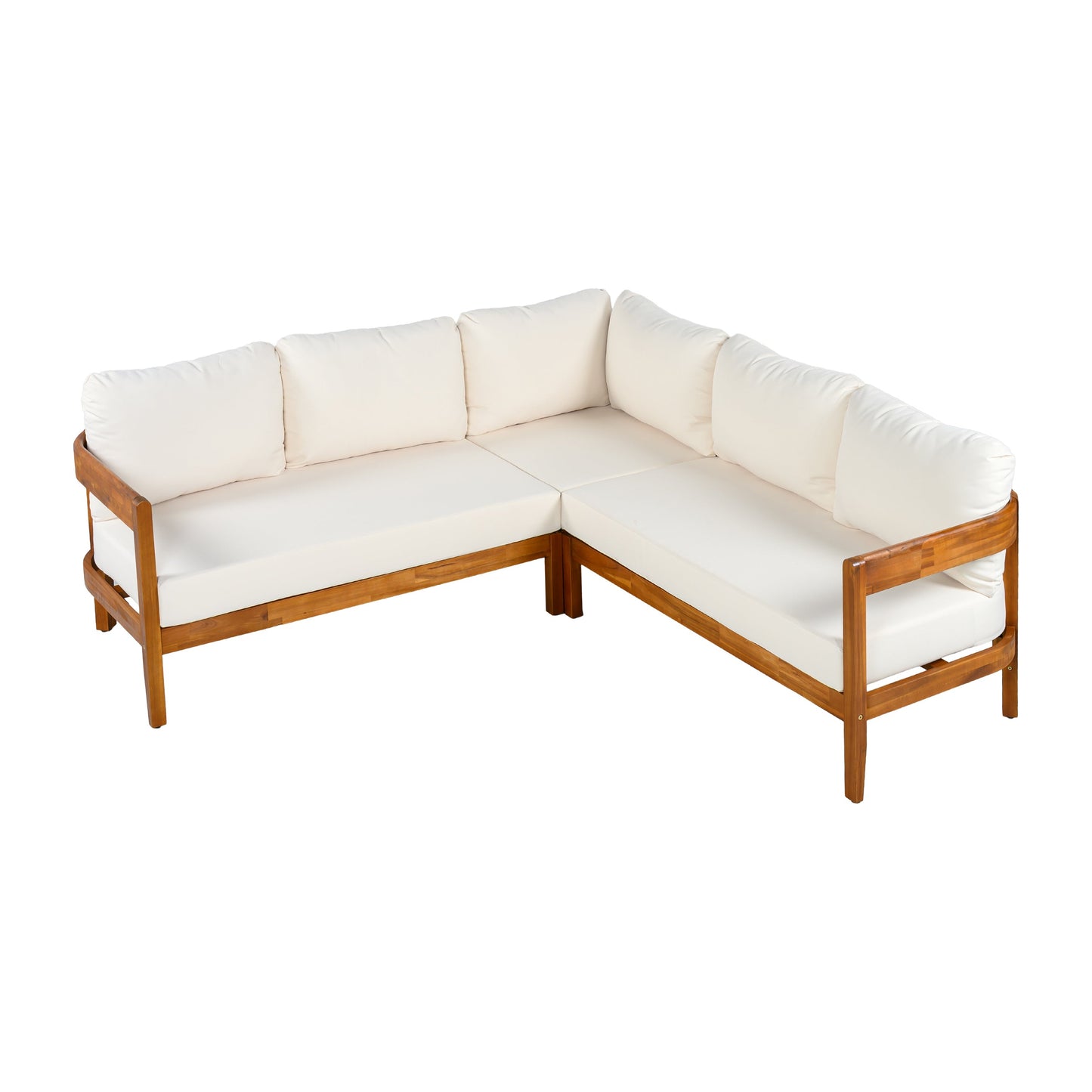 U_Style Acacia Solid Wood Patio Furniture Set with white cushions on brown frame, sectional on Tampa Home & Garden Store
