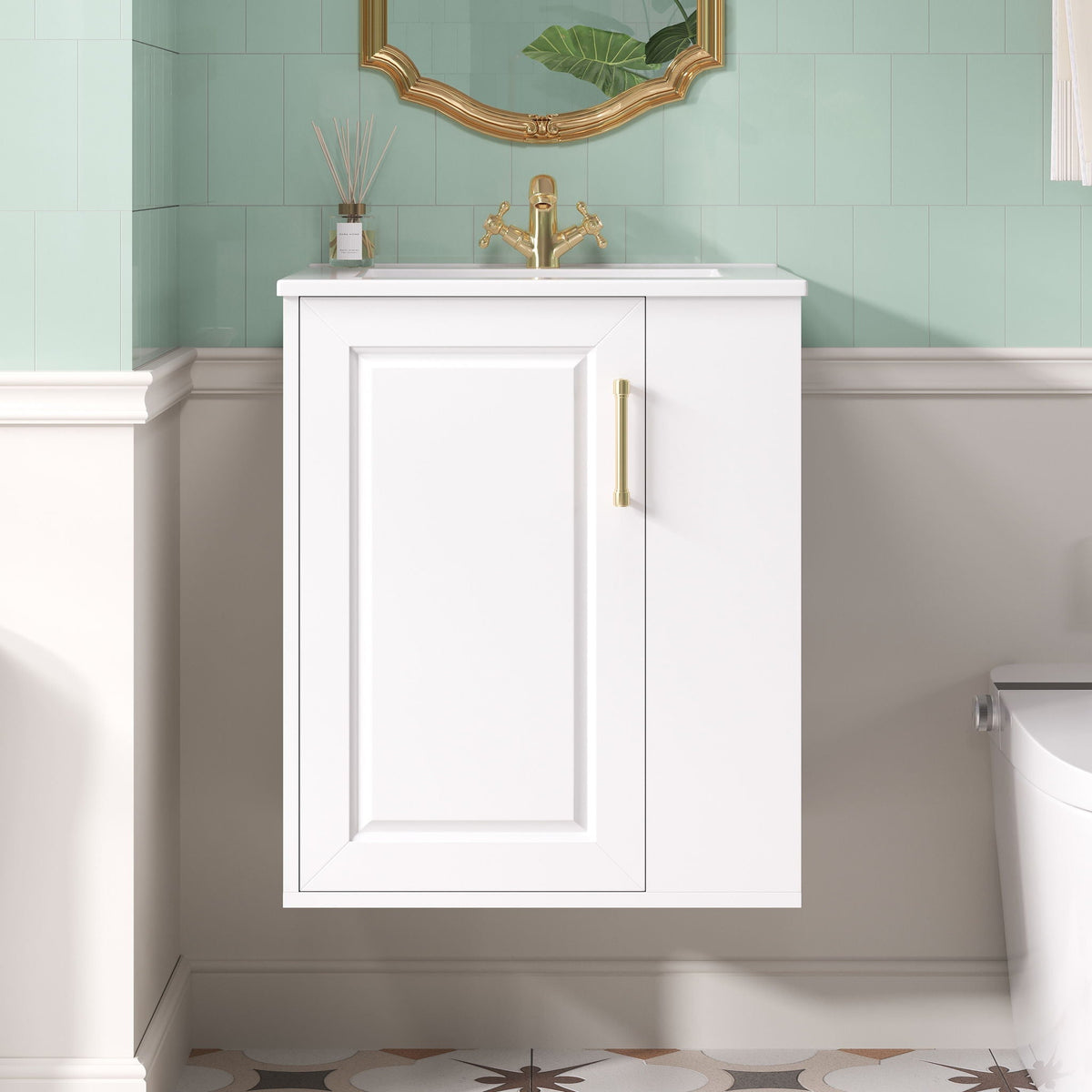Wall mounted vanity white cabinet with side shelf, brass faucet, and sink by HouseOfZazla on Tampa Home & Garden Store