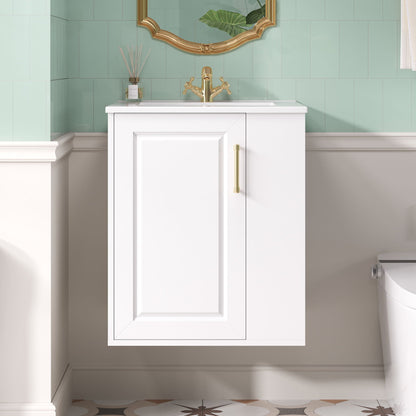 Wall mounted vanity white cabinet with side shelf, brass faucet, and sink by HouseOfZazla on Tampa Home & Garden Store