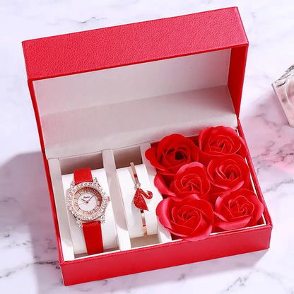 Valentine's Day ladies watch gift set with red strap, crystal bezel, two bracelets, and red roses in a red box on Tampa Home & Garden Store