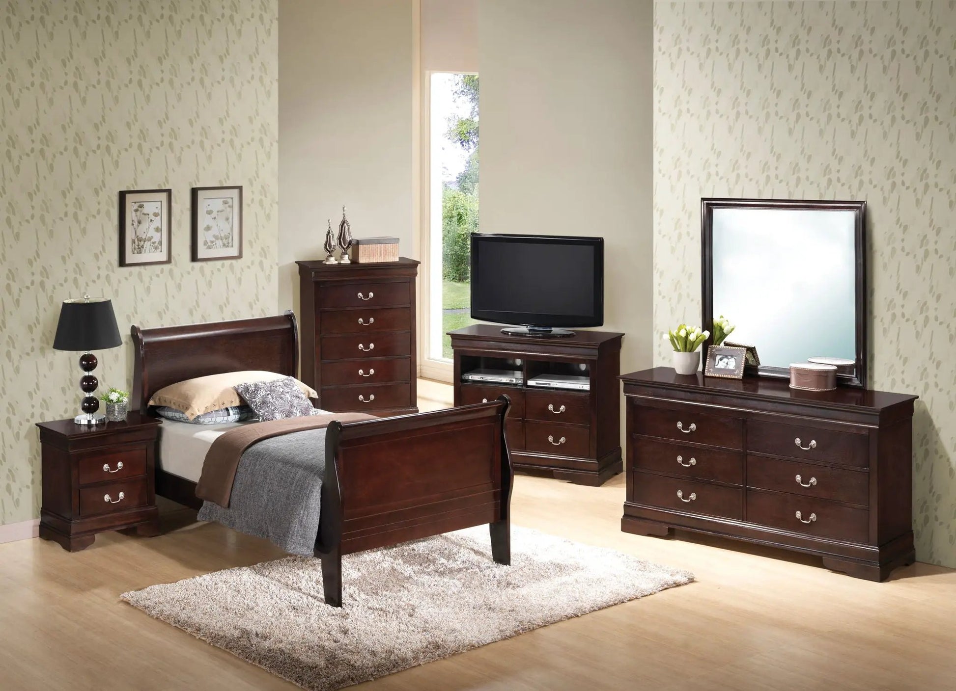 Louis Phillipe panel sleigh bed in dark wood with matching nightstands and dressers on Tampa Home & Garden Store