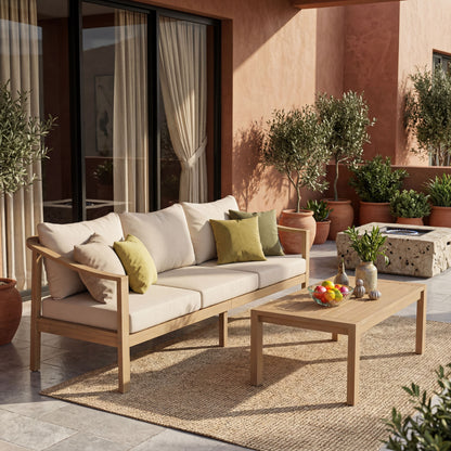 Outdoor Acacia Wood Sofa with Beige Cushions