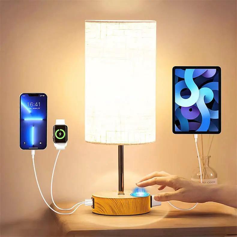 Living Room Study Touch Three-speed Dimming Wood Grain Table Lamp fabric shade wood base on Tampa Home & Garden Store