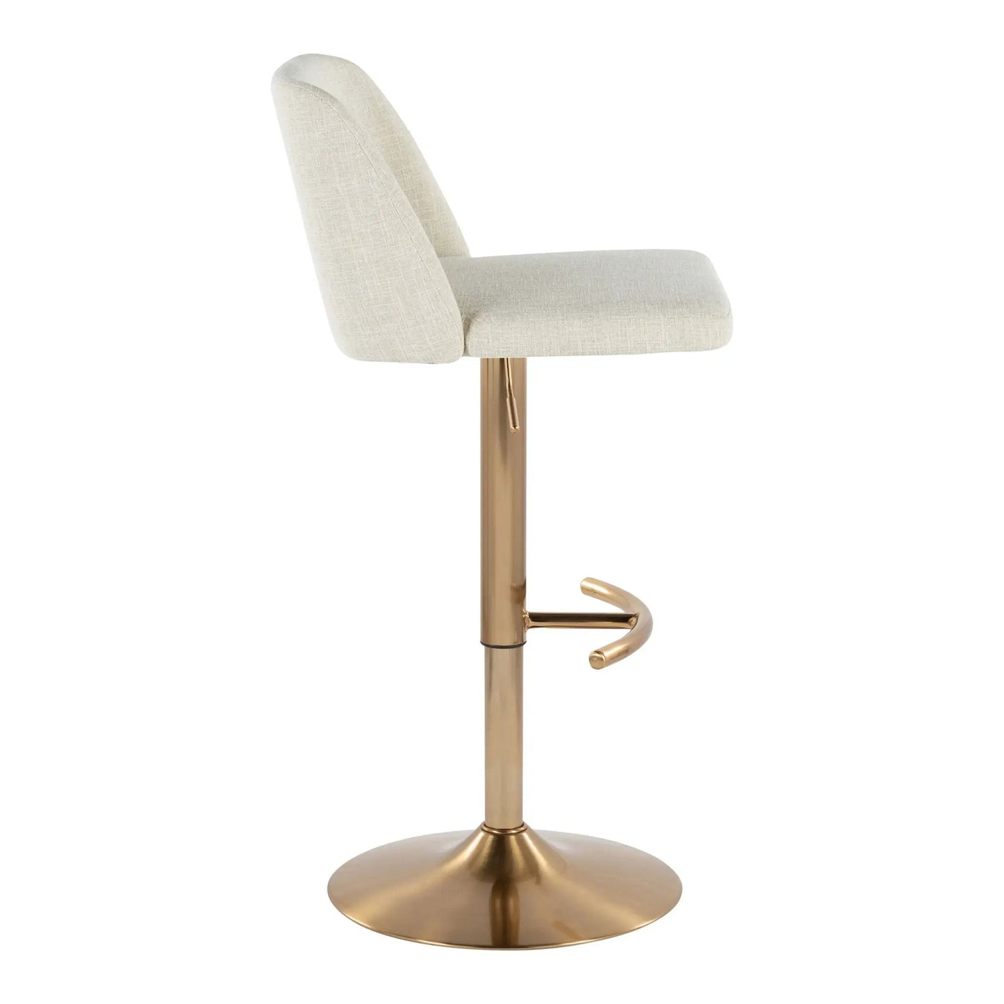 Toriano adjustable barstool in beige fabric with swivel copper base and rounded T footrest on Tampa Home & Garden Store