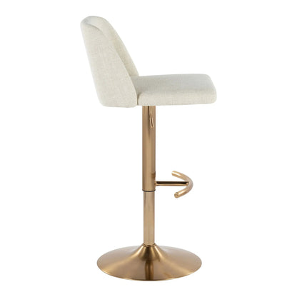 Toriano adjustable barstool in beige fabric with swivel copper base and rounded T footrest on Tampa Home & Garden Store