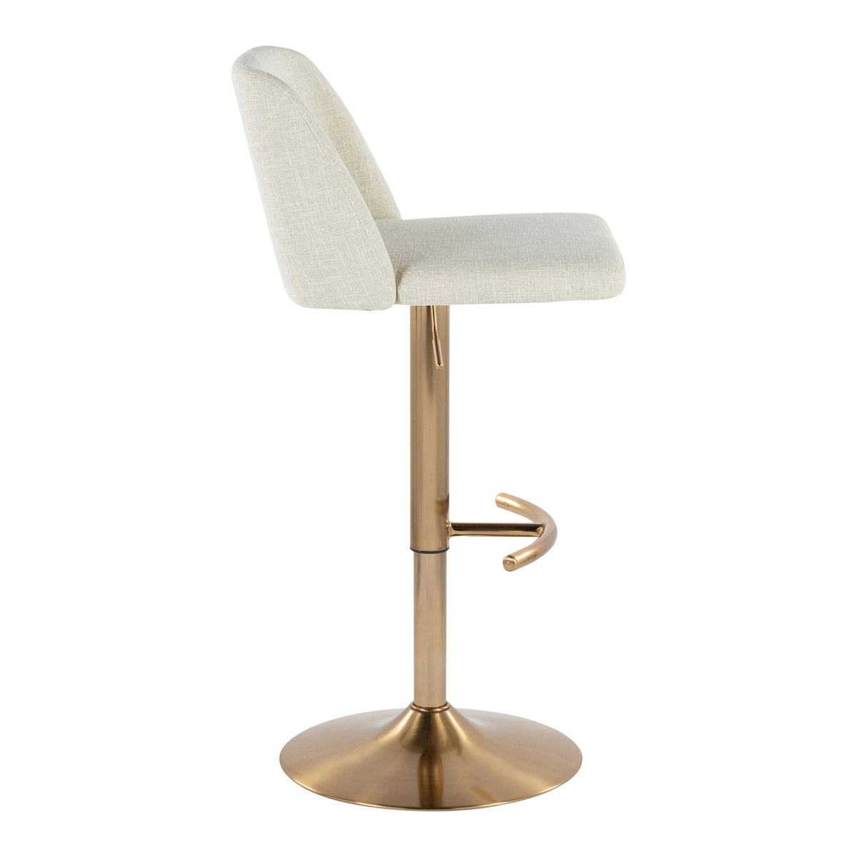 Contemporary adjustable swivel barstool with beige upholstered seat and gold pedestal base on Tampa Home & Garden Store