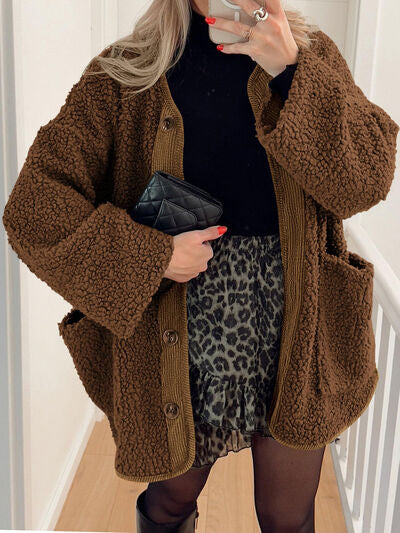 Stevvex ST68SJ805TNR sherpa jacket in brown teddy fleece with pockets and contrast buttons on Tampa Home & Garden Store