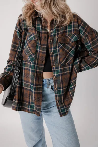Timeless Women's Plaid Button-Up Jacket, cotton-blend outerwear in brown plaid Stevvex on Tampa Home & Garden Store