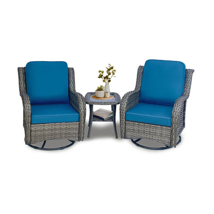 HouseOfZazla wicker outdoor swivel chairs with blue cushions and round table 3-piece set on Tampa Home & Garden Store