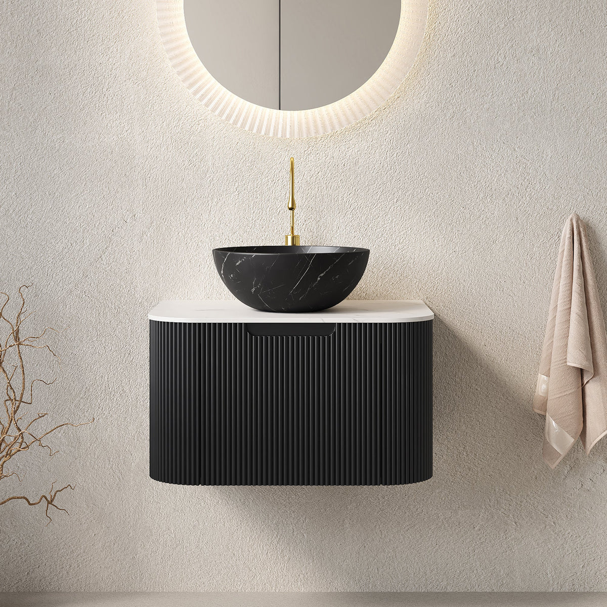 Dina 24 Inch Floating Vanity with black marble sink and gold faucet, round backlit mirror on Tampa Home & Garden Store