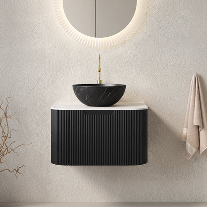 Dina 24 Inch Floating Vanity with black marble sink and gold faucet, round backlit mirror on Tampa Home & Garden Store