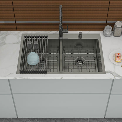 Double Bowl Drop in Kitchen Sink Gunmetal Black