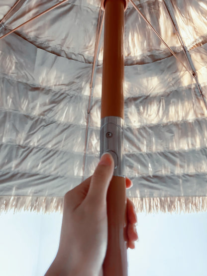 8' Thatched Patio Tiki Umbrella Tropical Palapa by HouseOfZazla with brown pole and fringe edge on Tampa Home & Garden Store