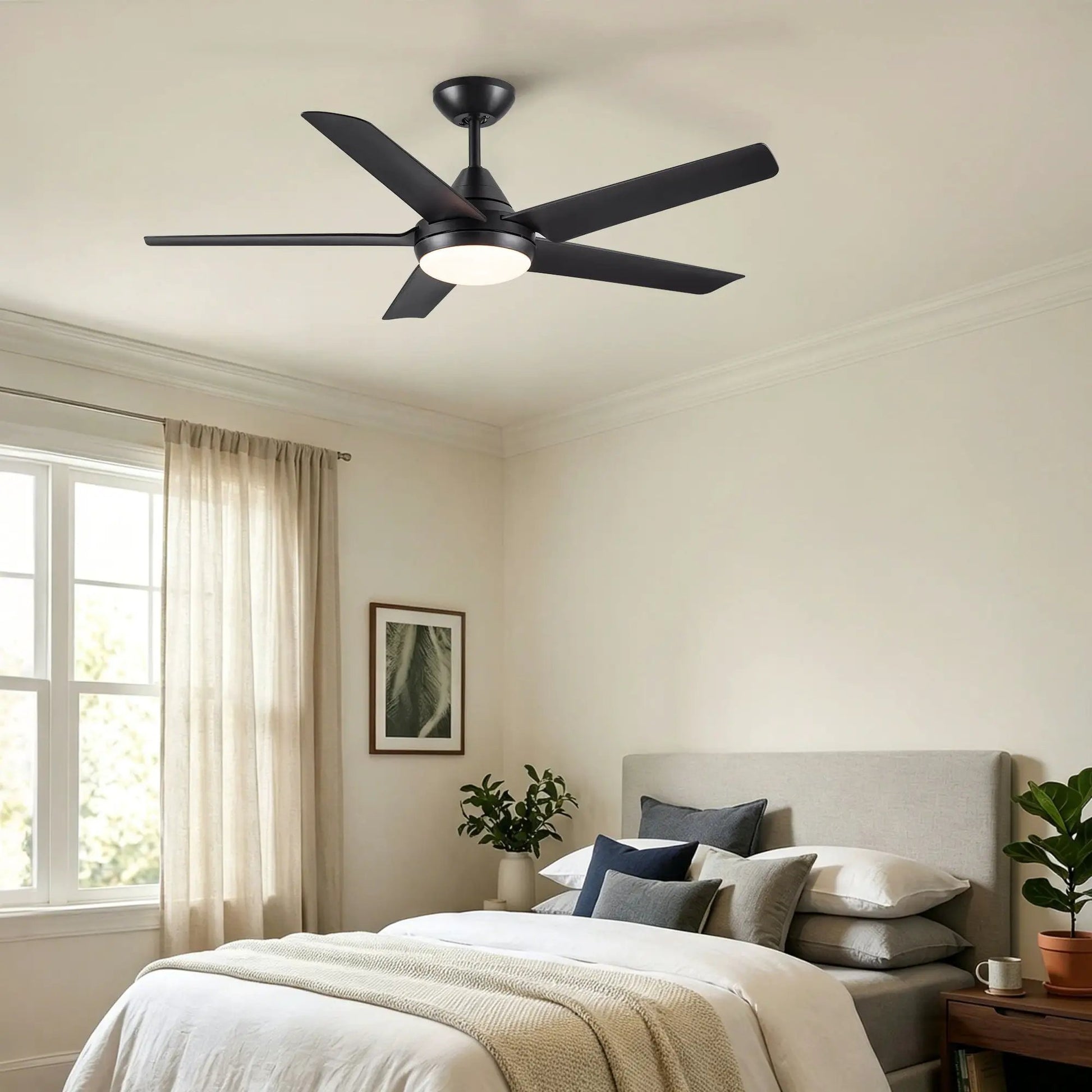 Ceiling fan in black with LED light, remote, five blades in a beige bedroom on Tampa Home & Garden Store