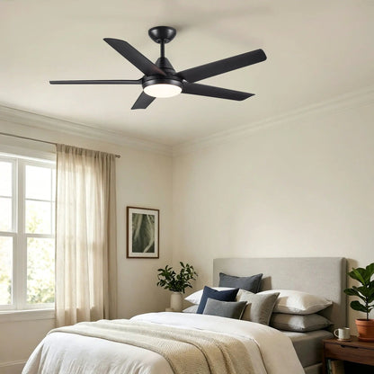 Ceiling fan in black with LED light, remote, five blades in a beige bedroom on Tampa Home & Garden Store