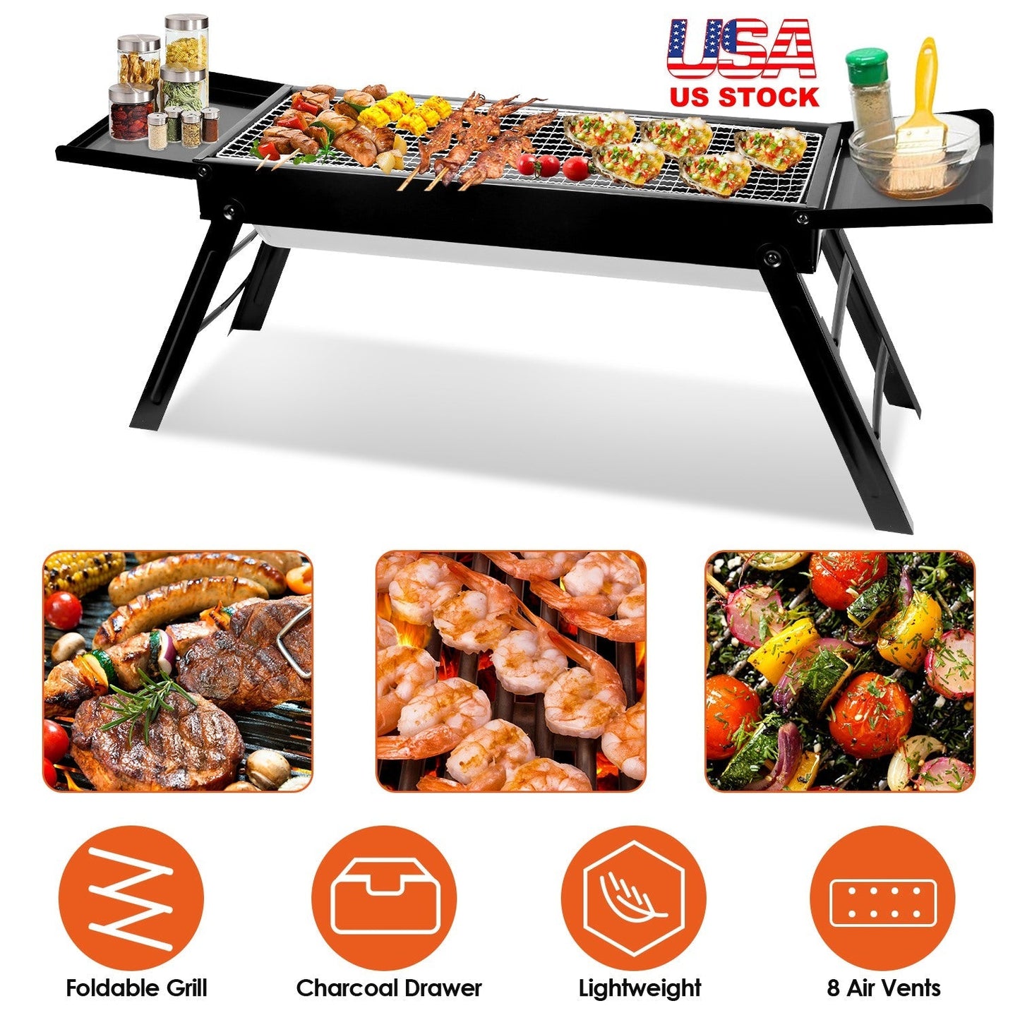 GemGear foldable charcoal grill with shelf tabletop design stainless steel grill net on Tampa Home & Garden Store