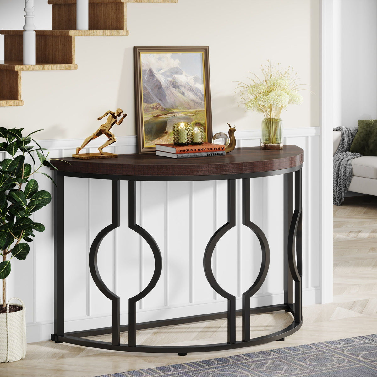 Half Moon Console Table with geometric black metal base and rustic brown wood top on Tampa Home & Garden Store