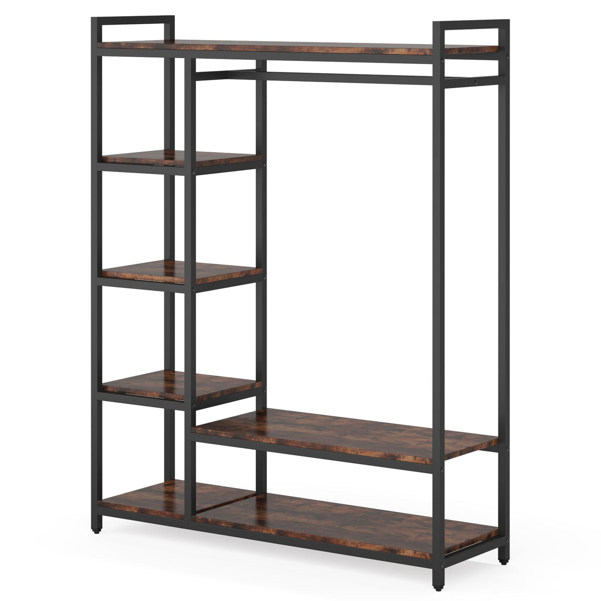 Free standing closet organizer with 6 brown shelves and hanging bar, black metal HouseOfZazla on Tampa Home & Garden Store