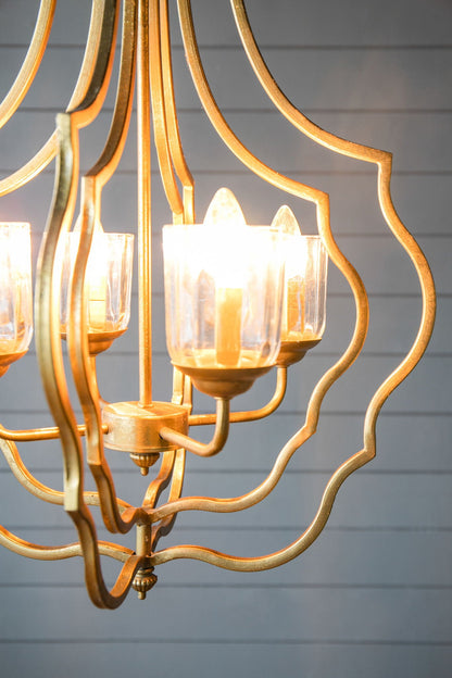 4 Light Gold Metal Chandelier with curved arms and glass cup shades HouseOfZazla on Tampa Home & Garden Store