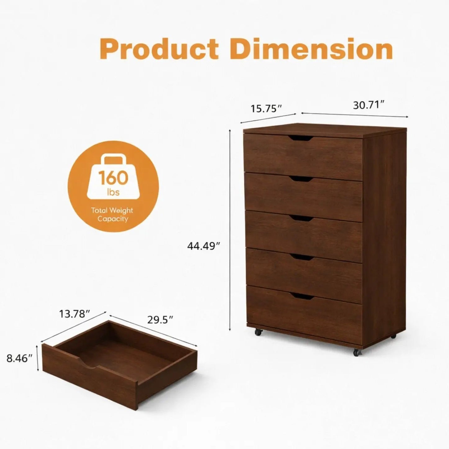 Modern 5 Drawer Dresser With Wheels in dark brown wood finish by Unique Piece Furniture on Tampa Home & Garden Store