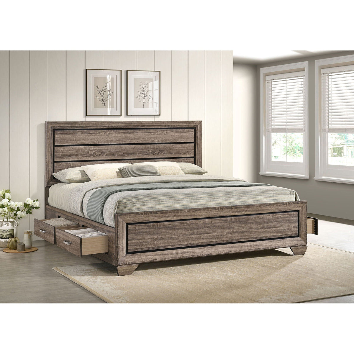 Oatfield Panel Bed by HouseOfZazla in dark wood finish with built-in under-bed storage drawers on Tampa Home & Garden Store