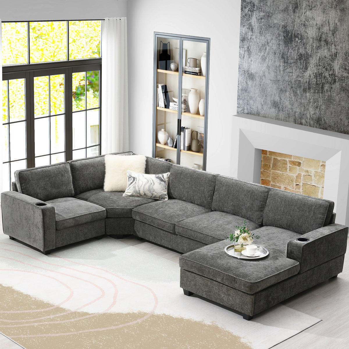 117.5in U-shaped sectional sofa by HouseOfZazla in gray fabric for a modern living room on Tampa Home & Garden Store