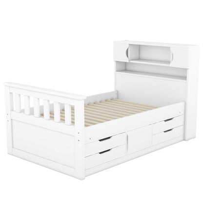 Twin Size Captain Platform Bed Frame with Storage Bookcases and Shelves,Four Drawers,White - Tampa Home & Garden Store