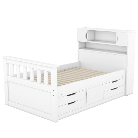 Twin Size Captain Platform Bed Frame with Storage Bookcases and Shelves,Four Drawers,White - Tampa Home & Garden Store