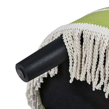 Yolanda round upholstered ottoman with lime green top and macrame fringe, black wooden leg on Tampa Home & Garden Store