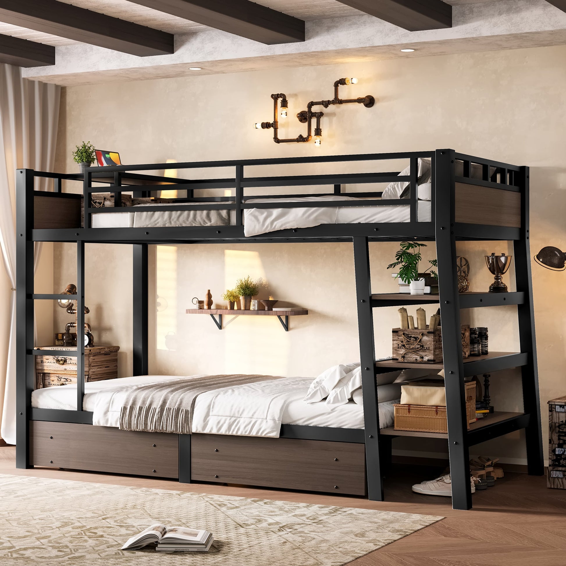 Twin size metal bunk bed with under-bed storage drawers and side shelves, black frame on Tampa Home & Garden Store