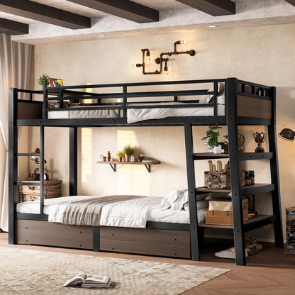 Twin size metal bunk bed with under-bed storage drawers and side shelves, black frame on Tampa Home & Garden Store