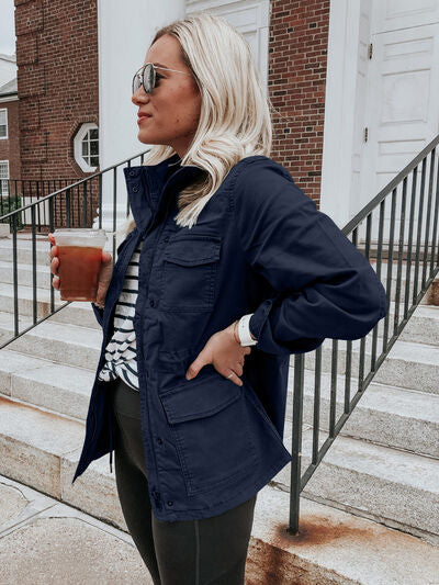 Stevvex retro pocketed navy zip-up jacket, lightweight long sleeve outerwear on Tampa Home & Garden Store