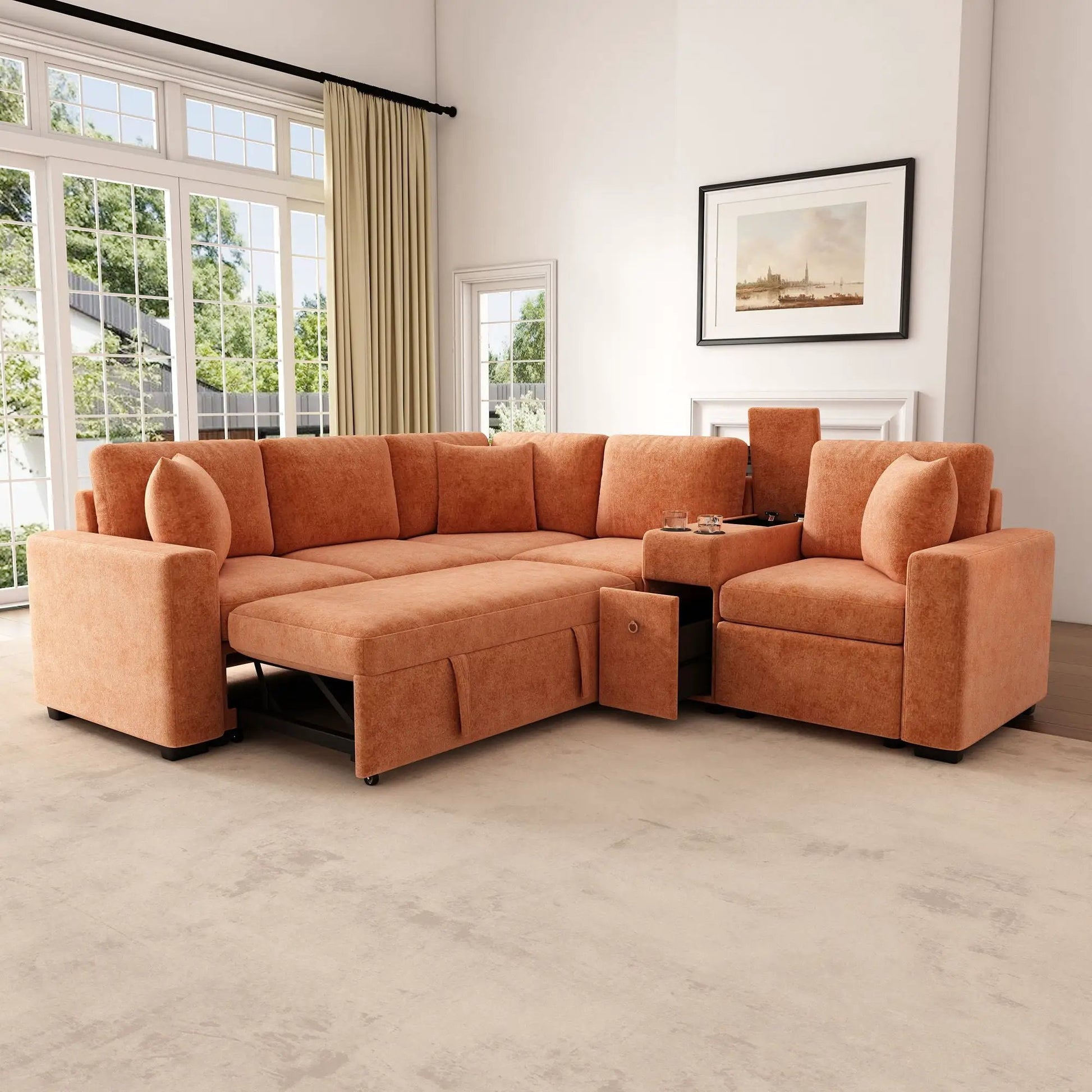 Modular orange sleeper sectional with pull-out bed and built-in storage on Tampa Home & Garden Store
