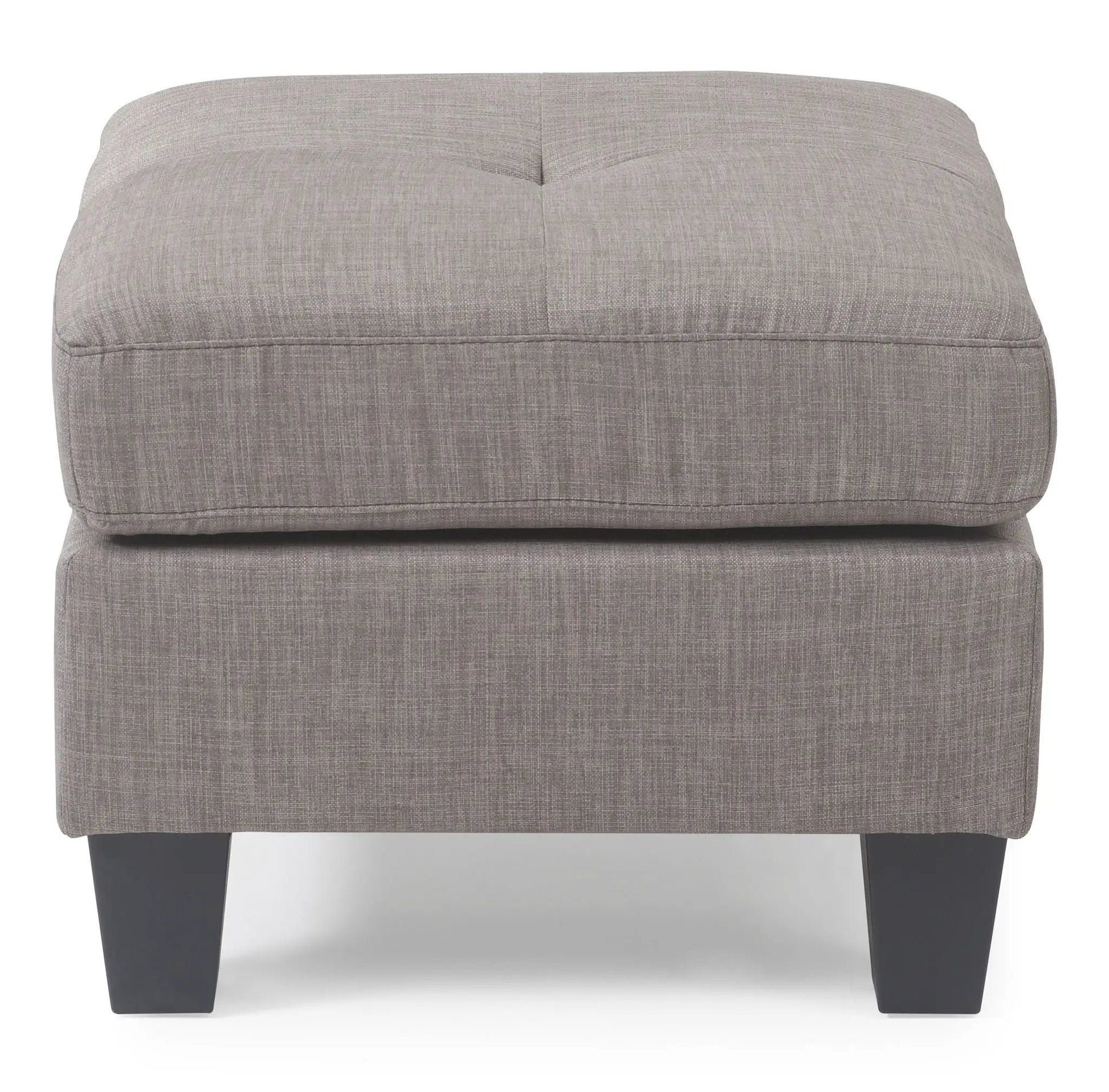 Casual Ottoman For Stylish Spaces upholstered in textured gray fabric with dark tapered legs on Tampa Home & Garden Store
