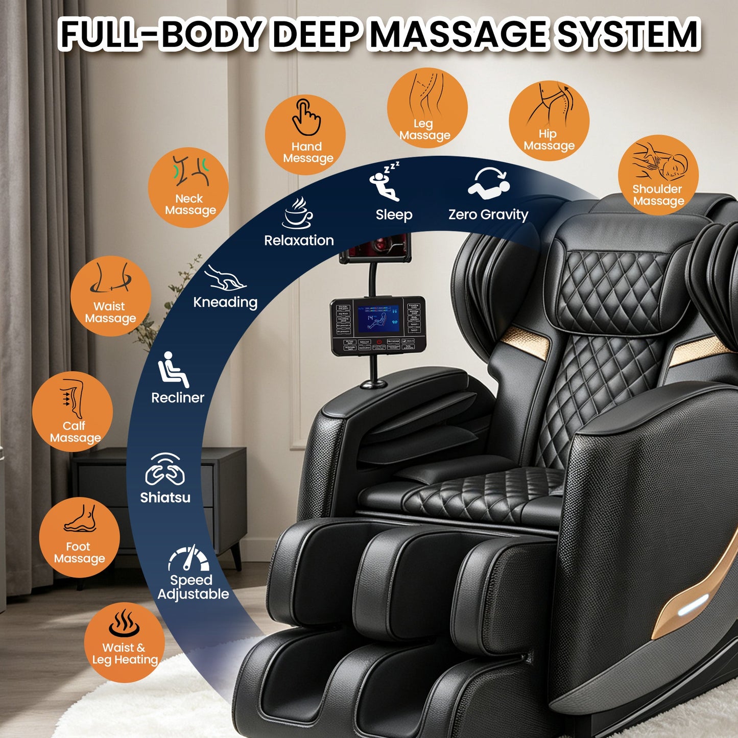 Massage Chair Full Body and Recliner by HouseOfZazla, black leather, quilted upholstery on Tampa Home & Garden Store