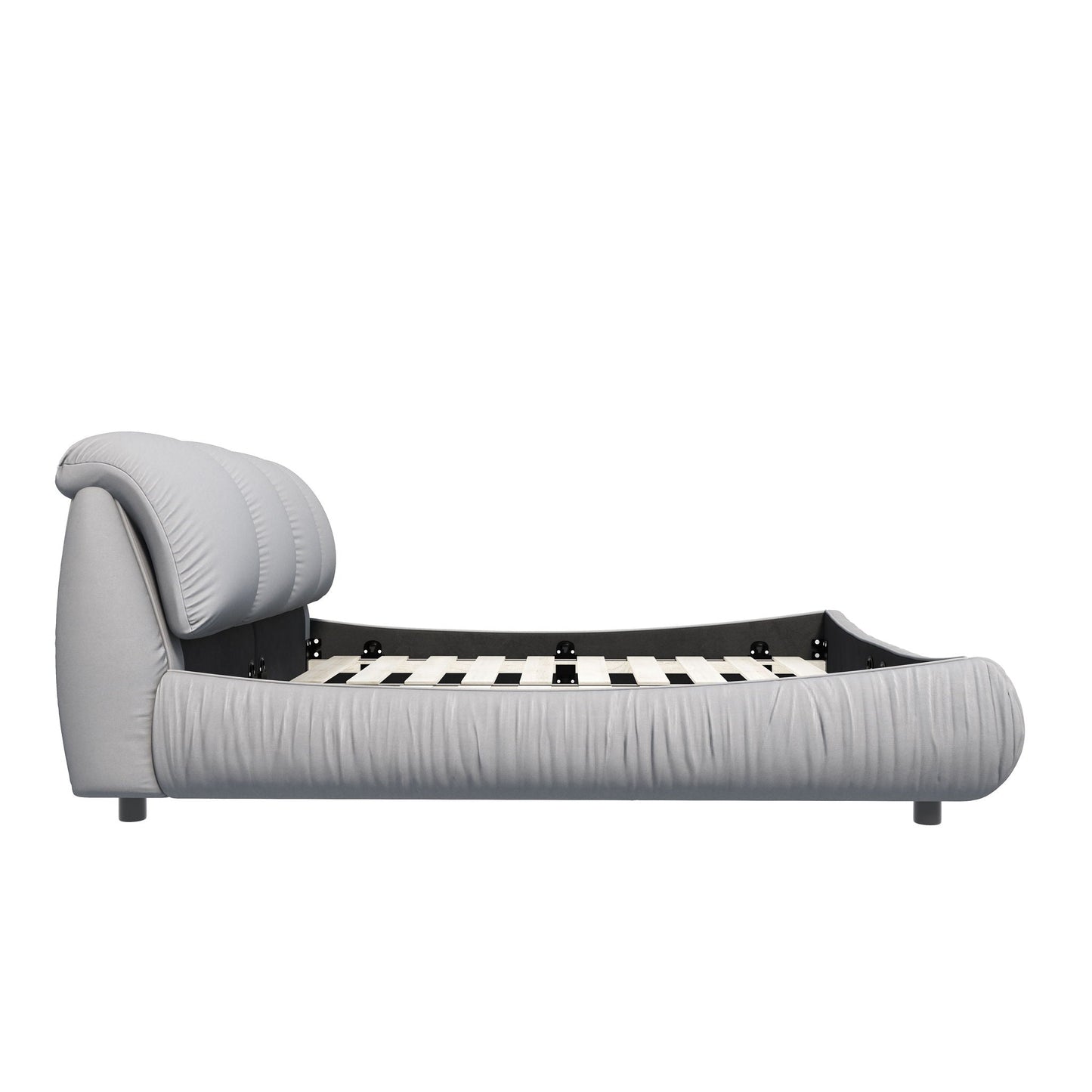 Upholstered platform bed with oversized padded backrest in gray fabric and wood frame on Tampa Home & Garden Store