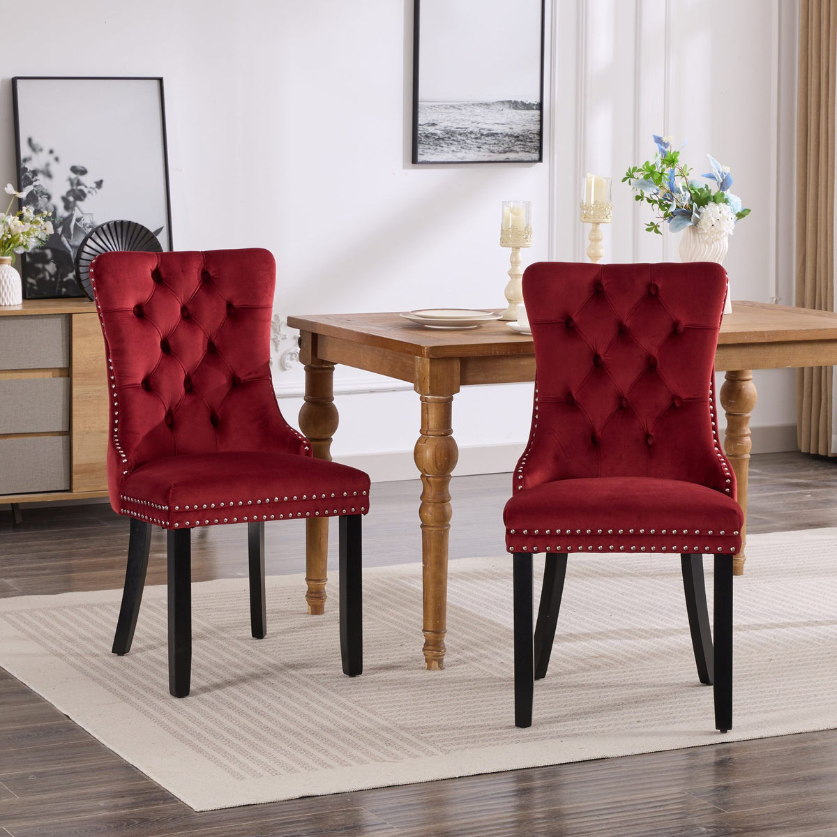 Classic Velvet Dining Chairs Burgundy, set of 2 with tufted backs and solid wood legs on Tampa Home & Garden Store