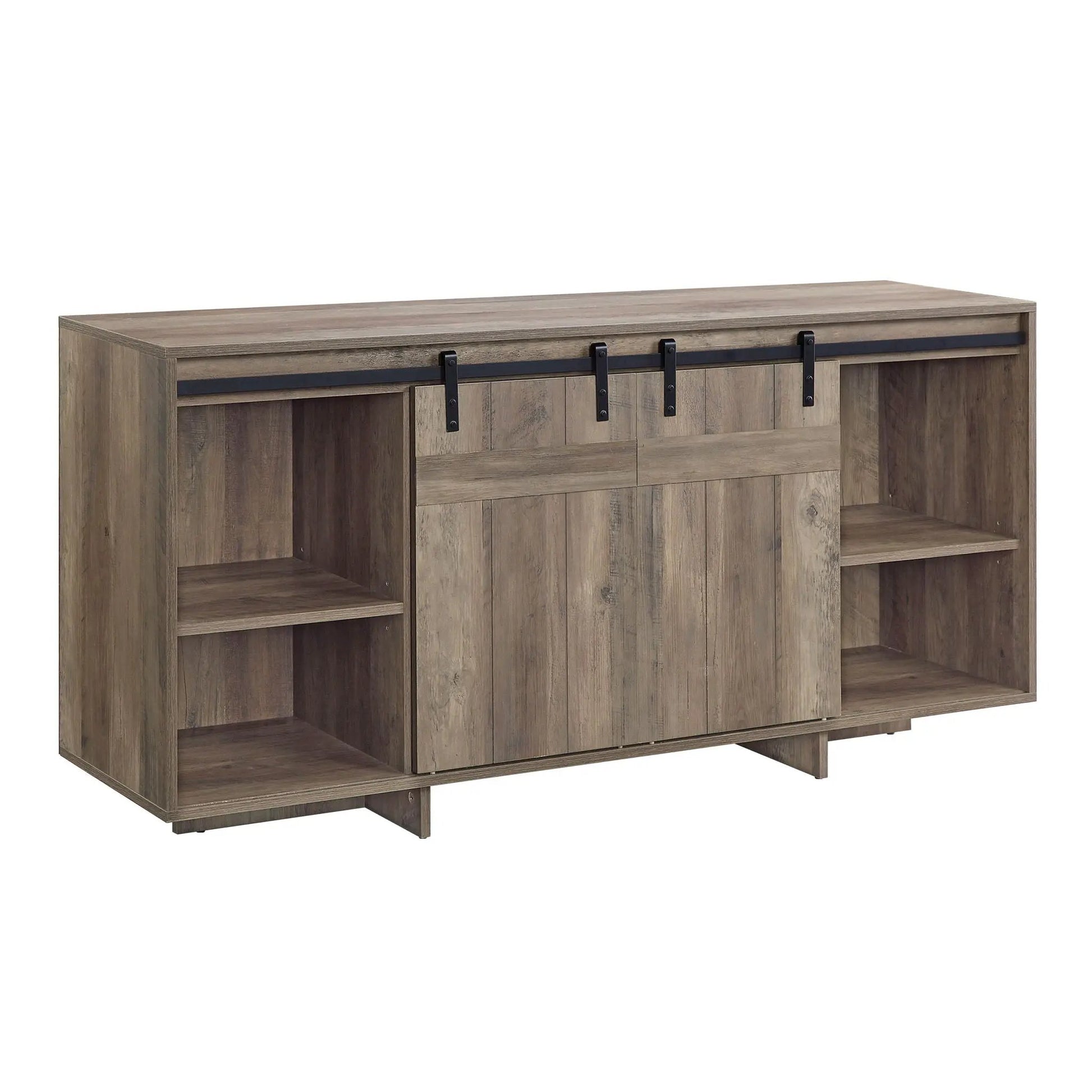 Bellarosa TV Stand by Unique Piece Furniture in rustic wood with black sliding barn door hardware on Tampa Home & Garden Store