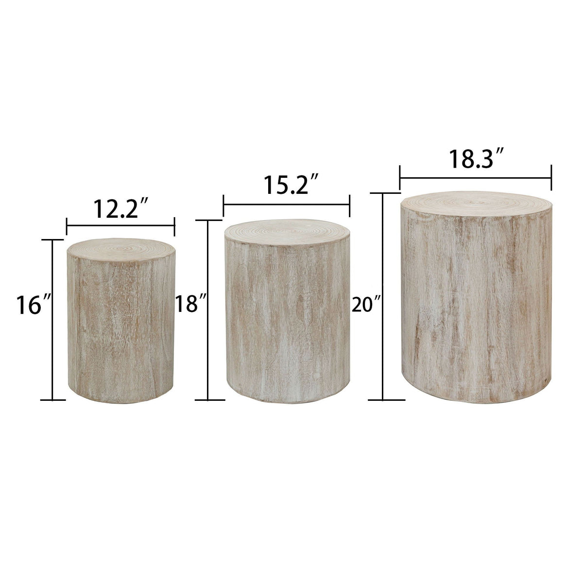 Cylinder Nesting Tables set of 3 in light wood finish with engineered wood construction on Tampa Home & Garden Store