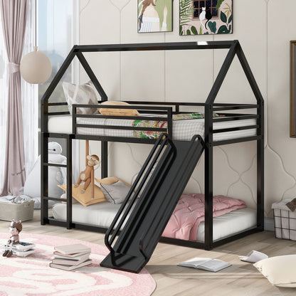 Twin over twin bunk bed in black metal with ladder and slide on Tampa Home & Garden Store