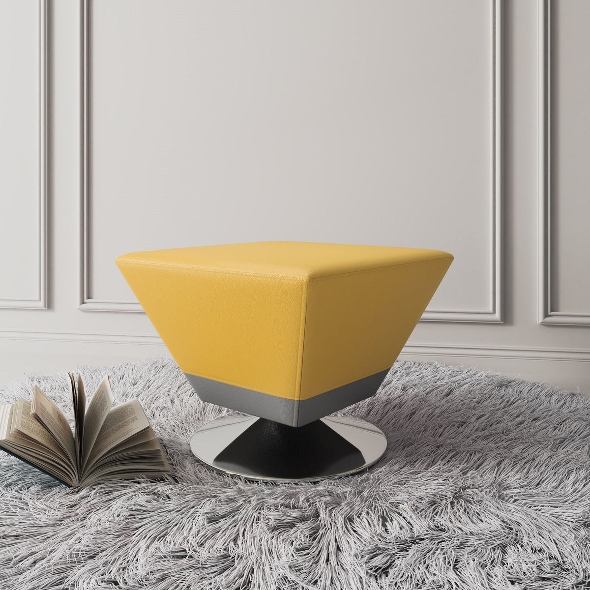 Diamond Accent Ottoman yellow faux-leather, angular trapezoid silhouette on a black pedestal on Tampa Home & Garden Store