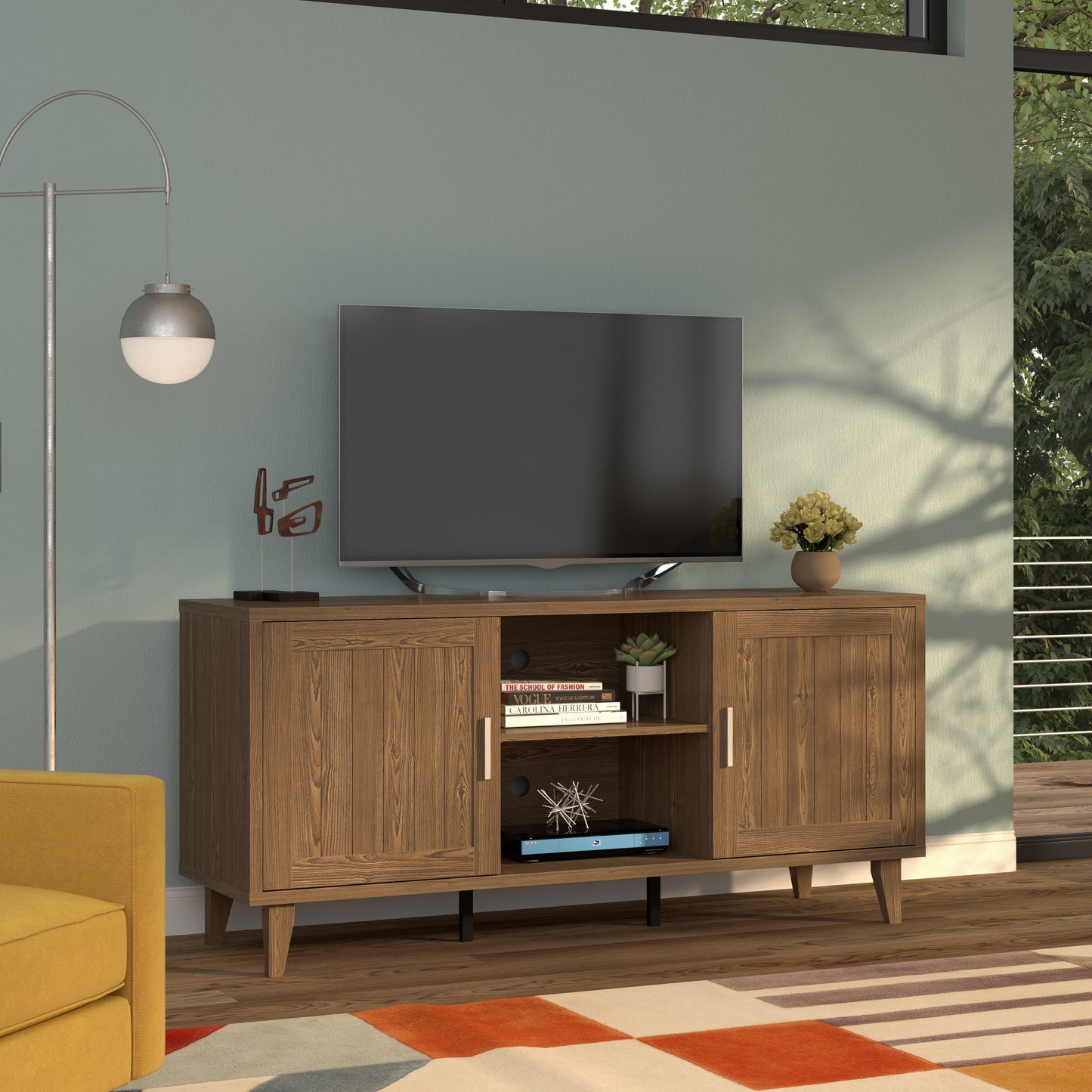 Modern 60 Inch TV Stand in walnut finish by HouseOfZazla with cabinets and open shelves on wall on Tampa Home & Garden Store