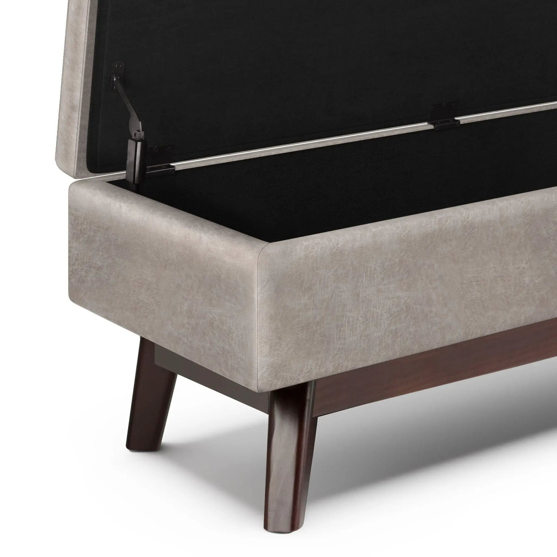 Owen upholstered rectangular storage ottoman beige fabric with dark wood legs on Tampa Home & Garden Store