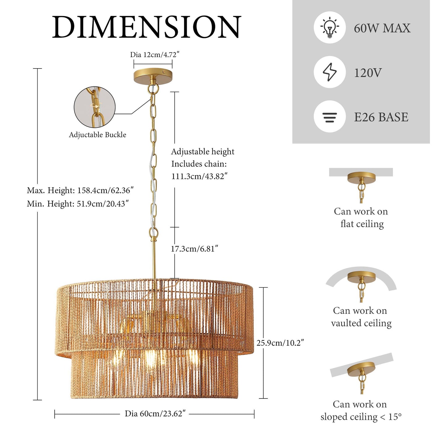 Chandelier gold 2-tier boho pendant with woven shade, HouseOfZazla on Tampa Home & Garden Store