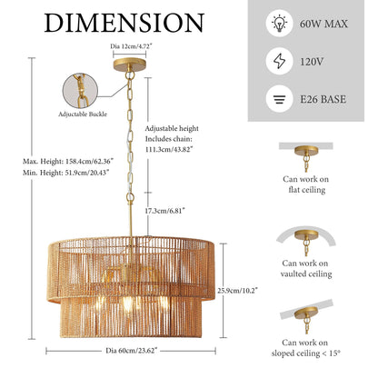 Chandelier gold 2-tier boho pendant with woven shade, HouseOfZazla on Tampa Home & Garden Store