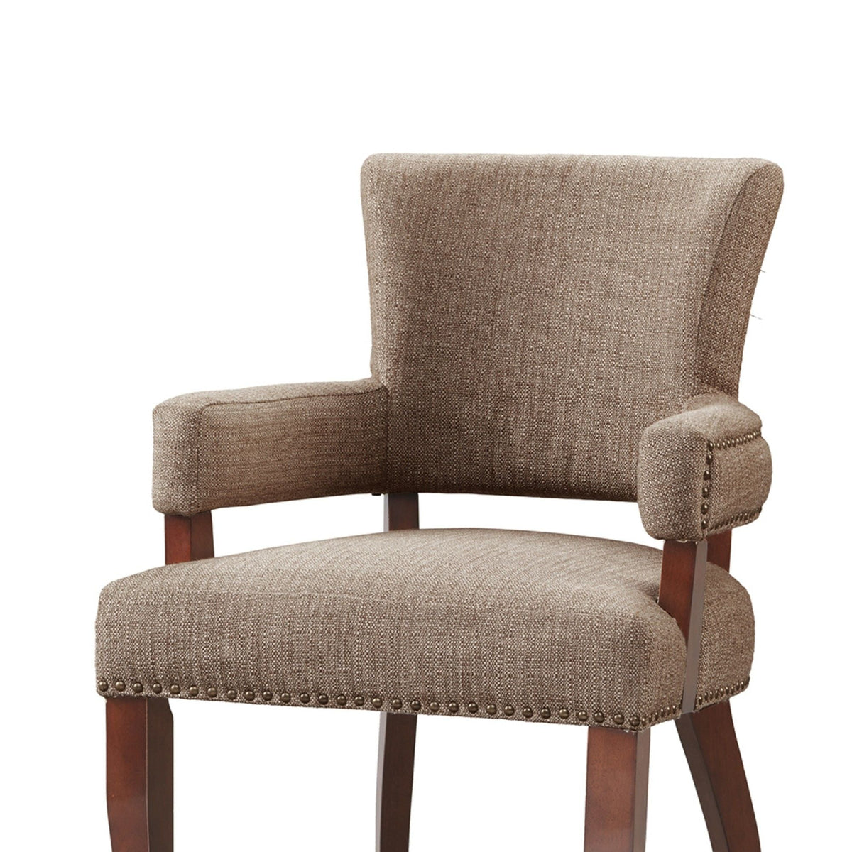 Elegant arm dining chair with brown textured fabric and brass nailhead trim on Tampa Home & Garden Store